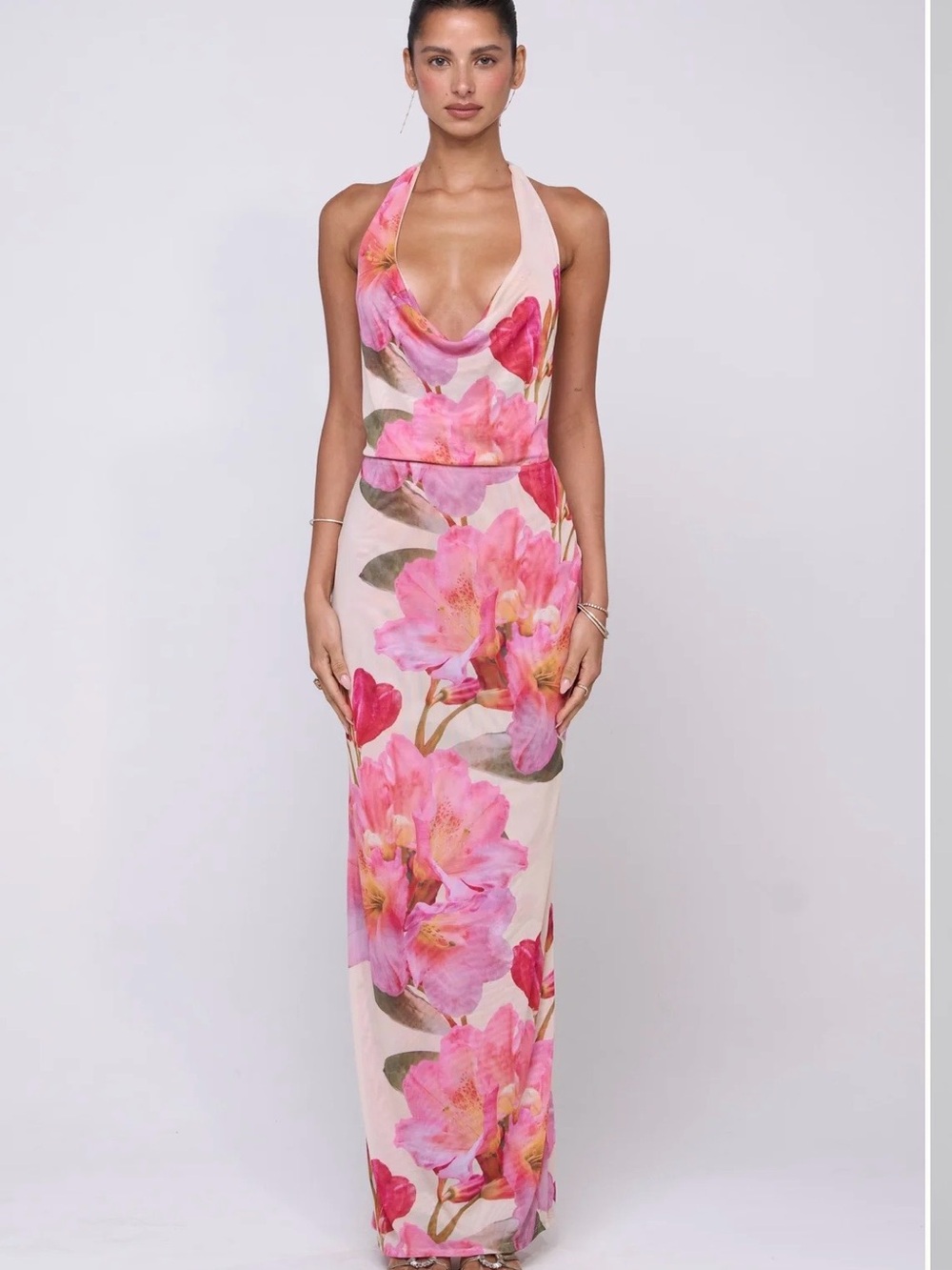 RESA Pink Floral Halter Cowl Neck Maxi Dress